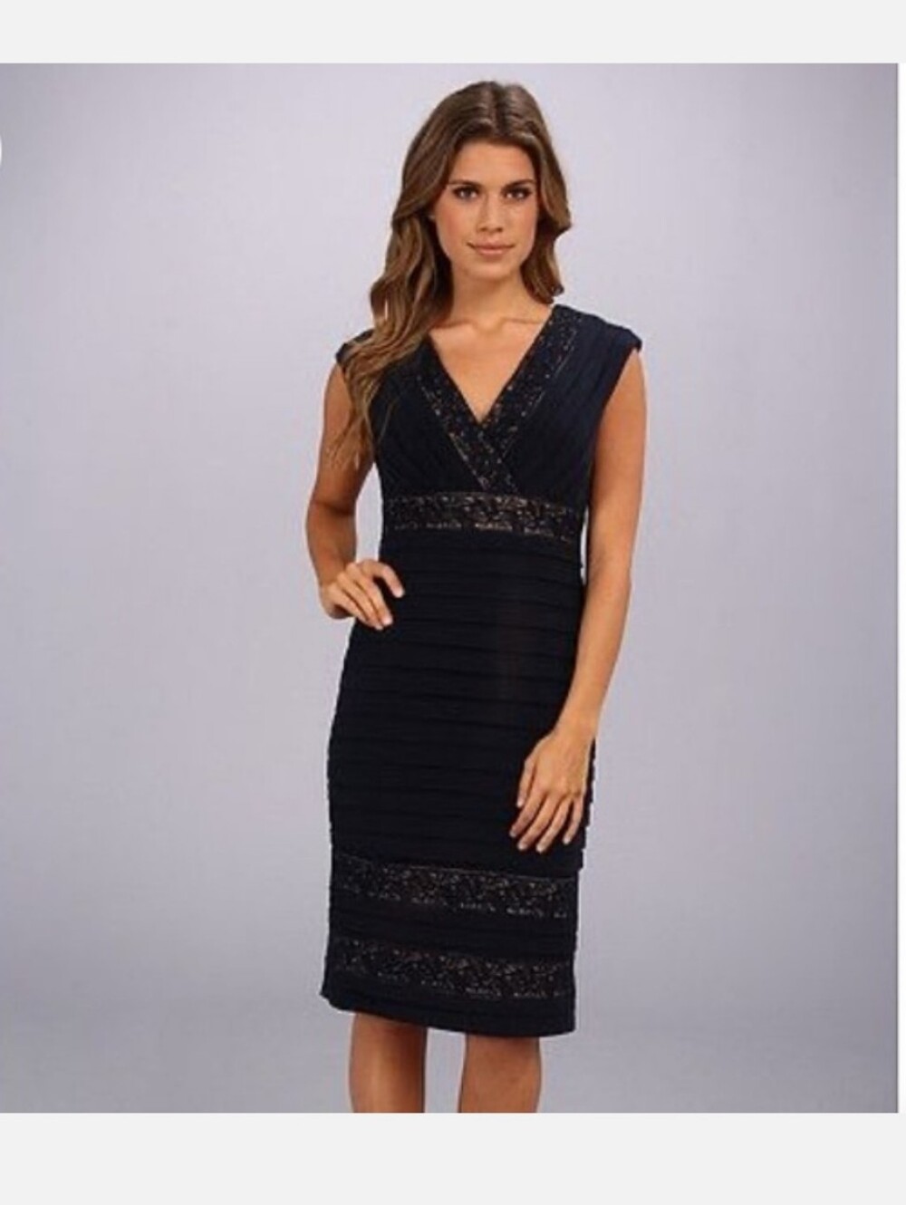 Adrianna Papell Pleated Jersey Sheath Dress with Lace Black Size 14